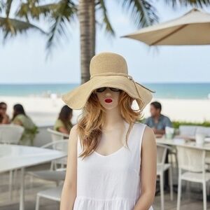 Vintage Beige Woven Bucket Hat Womens Wide Brim Sun Protection Rope Bow One Size